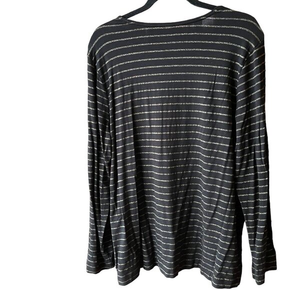 CHICO'S Gold Metallic Pinstripe on Black Comfy Long Sleeve Round Neck Te… - Picture 3 of 7